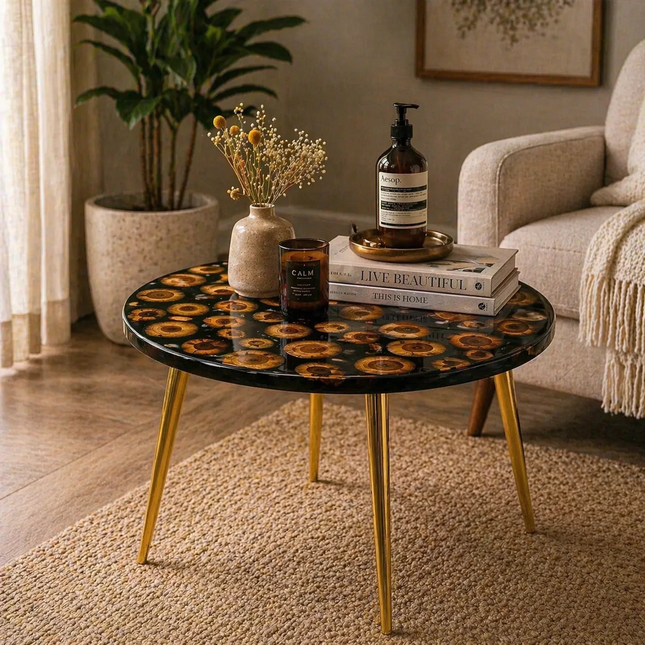 Round coffee table with decorative items in a living room setting