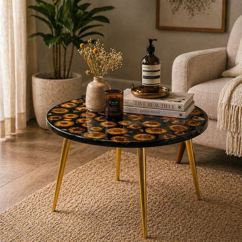 Round coffee table with decorative items in a living room setting