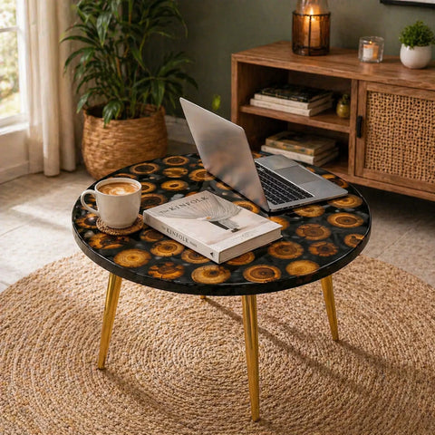 Round coffee table with a laptop, book, and cup of coffee in a cozy living room.