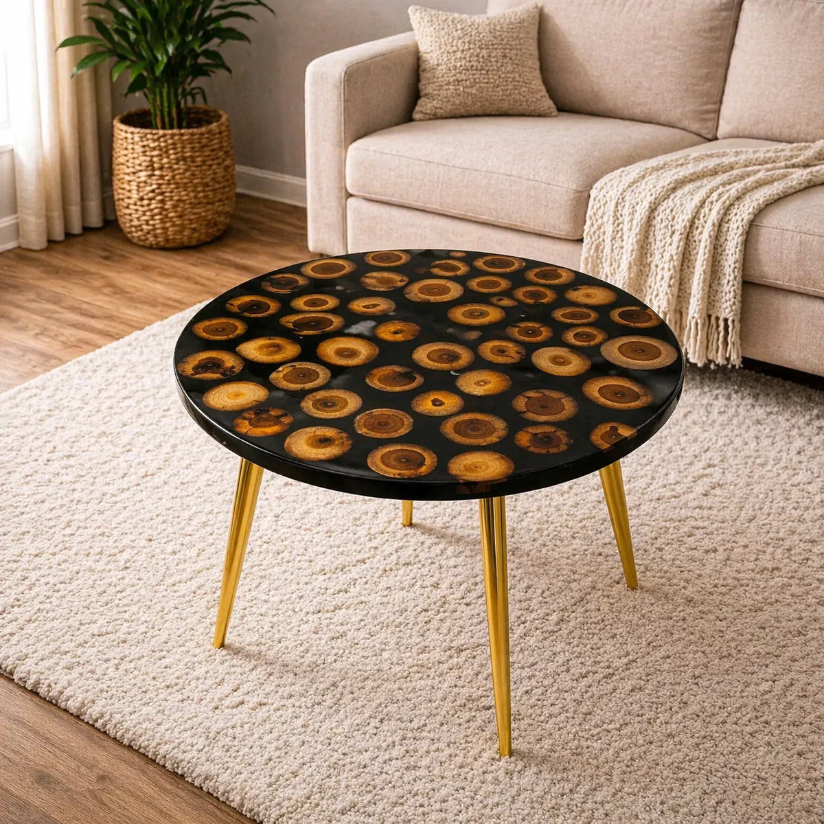 Round coffee table with a unique design in a living room setting
