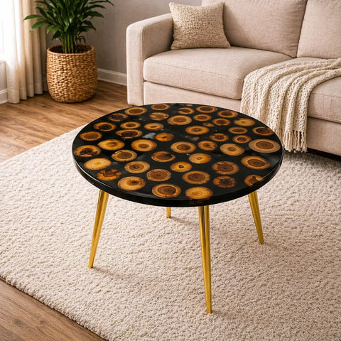 Round coffee table with a unique design in a living room setting