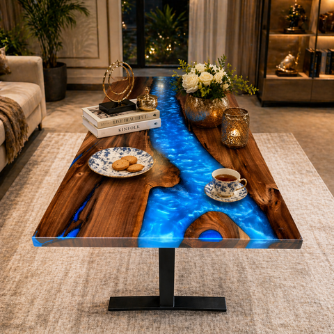 Wooden coffee table with blue resin inlay in a living room setting