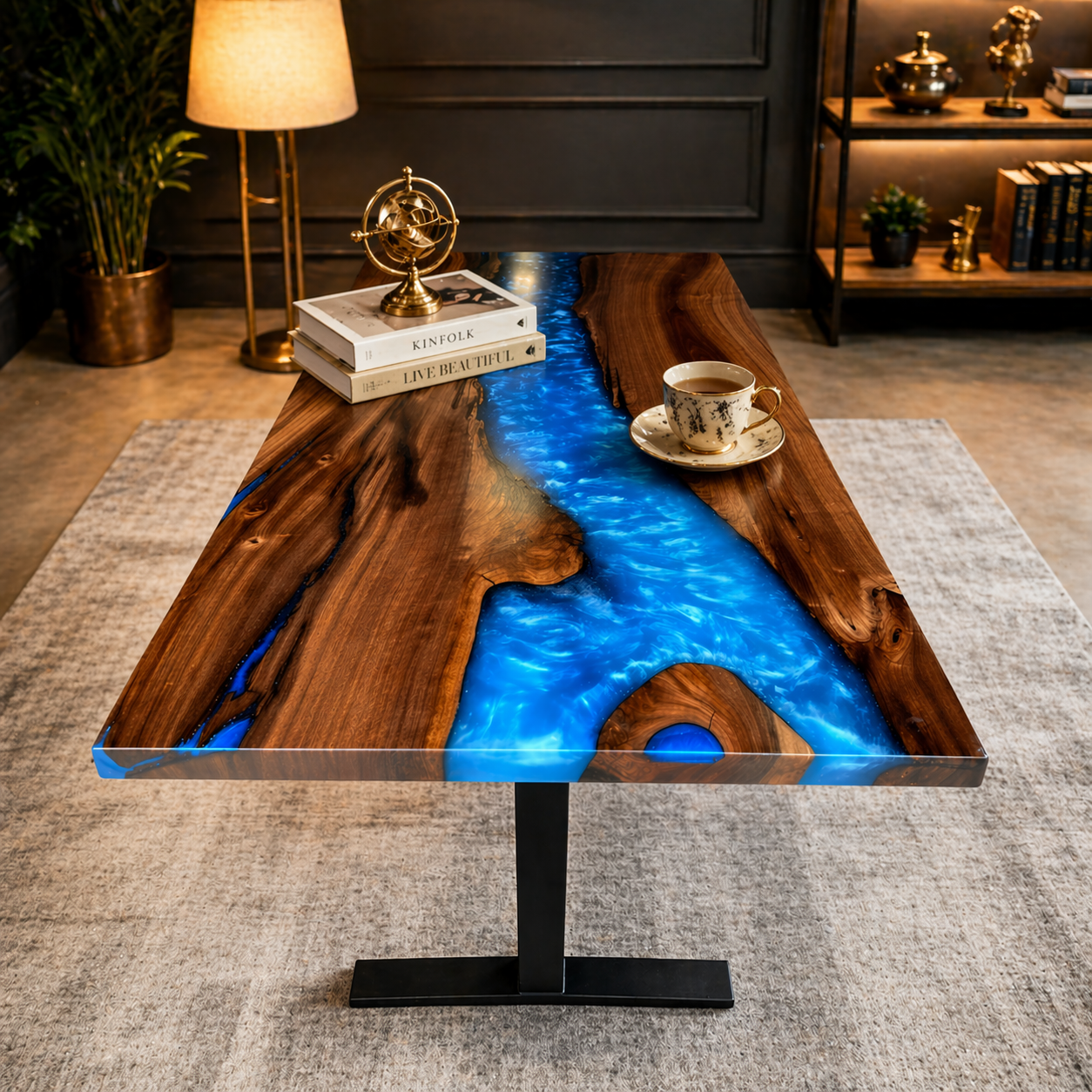 Wooden table with blue resin inlay in a living room setting