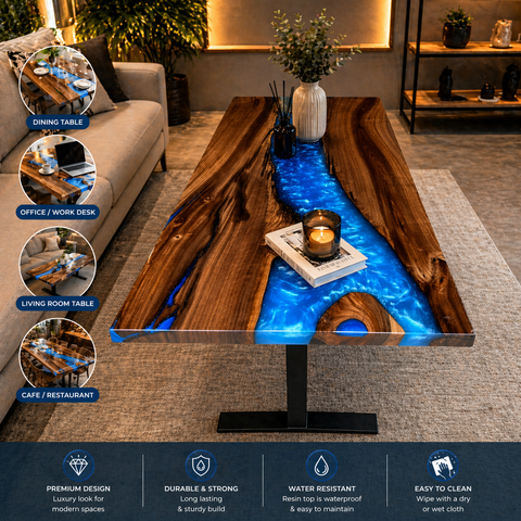 Wooden table with blue resin inlay in a living room setting, with text indicating various uses.