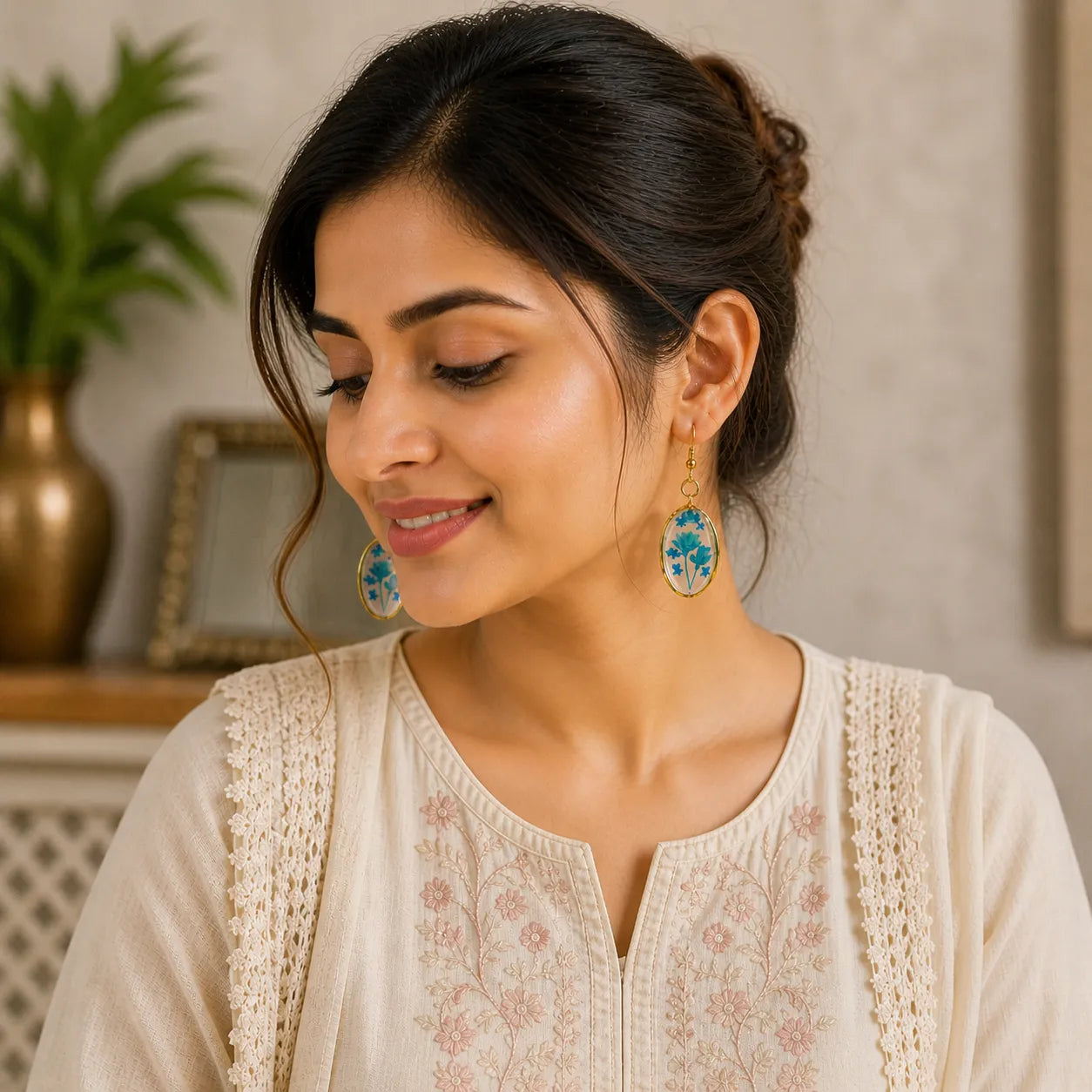 Indian woman wearing blue floral resin oval drop earrings with gold frame, lightweight handmade jewellery elegant look