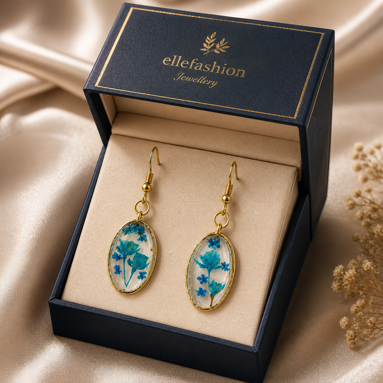 Blue floral resin oval drop earrings in premium gift box, gold frame handmade jewellery perfect for gifting women