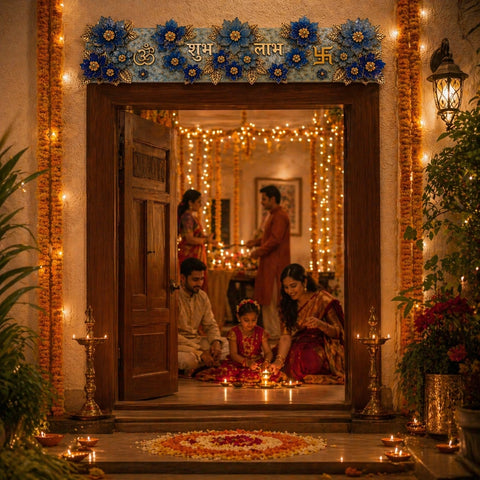 Decorated entrance with family celebrating Diwali