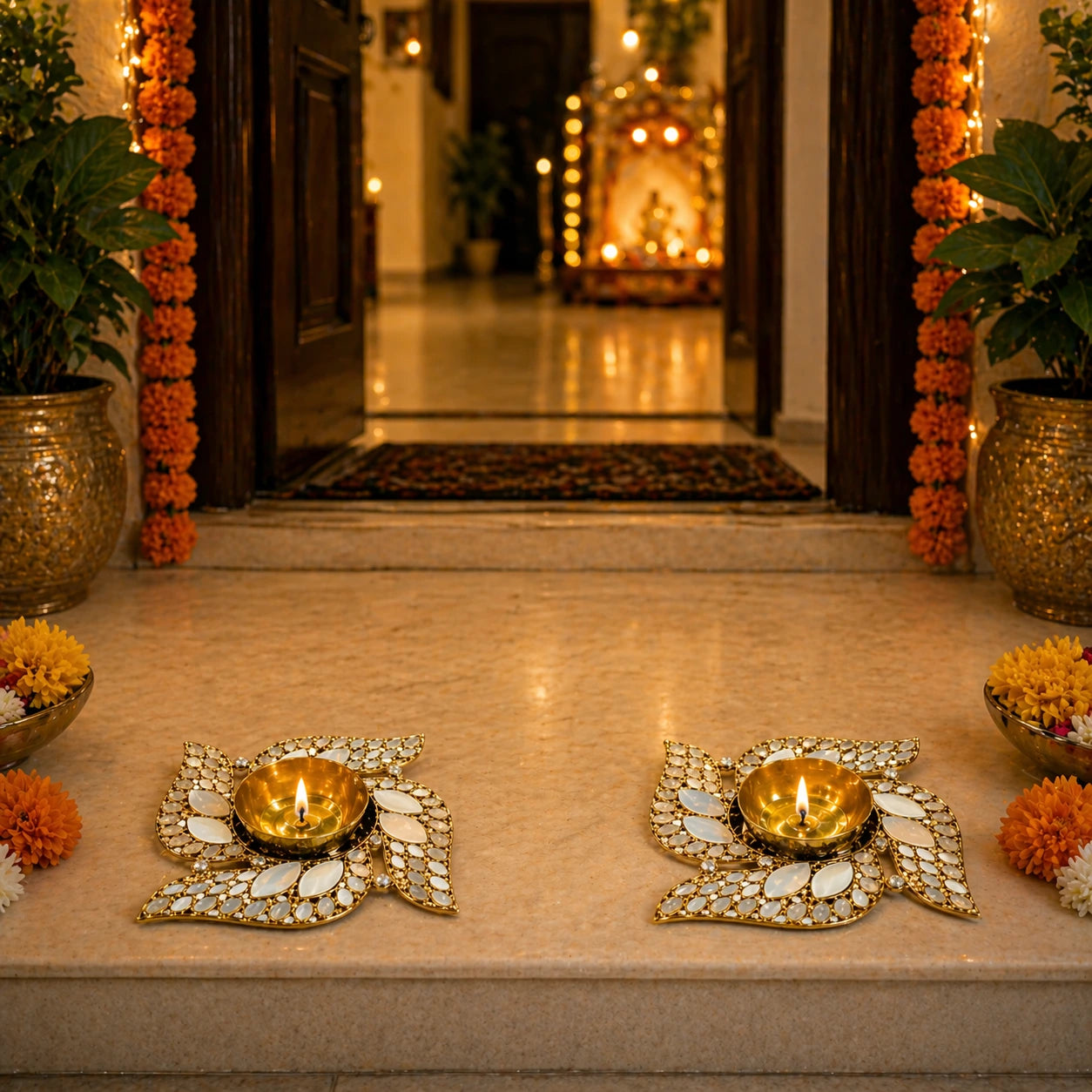 Decorative entrance with lit candles and floral arrangements on a beige carpet.