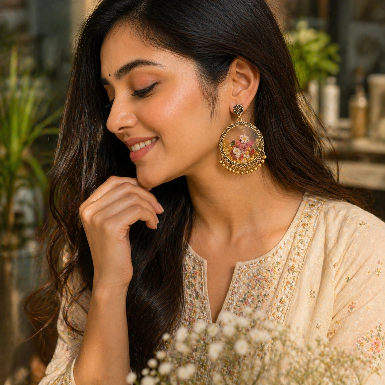 Woman wearing a traditional outfit with intricate jewelry, sitting outdoors.