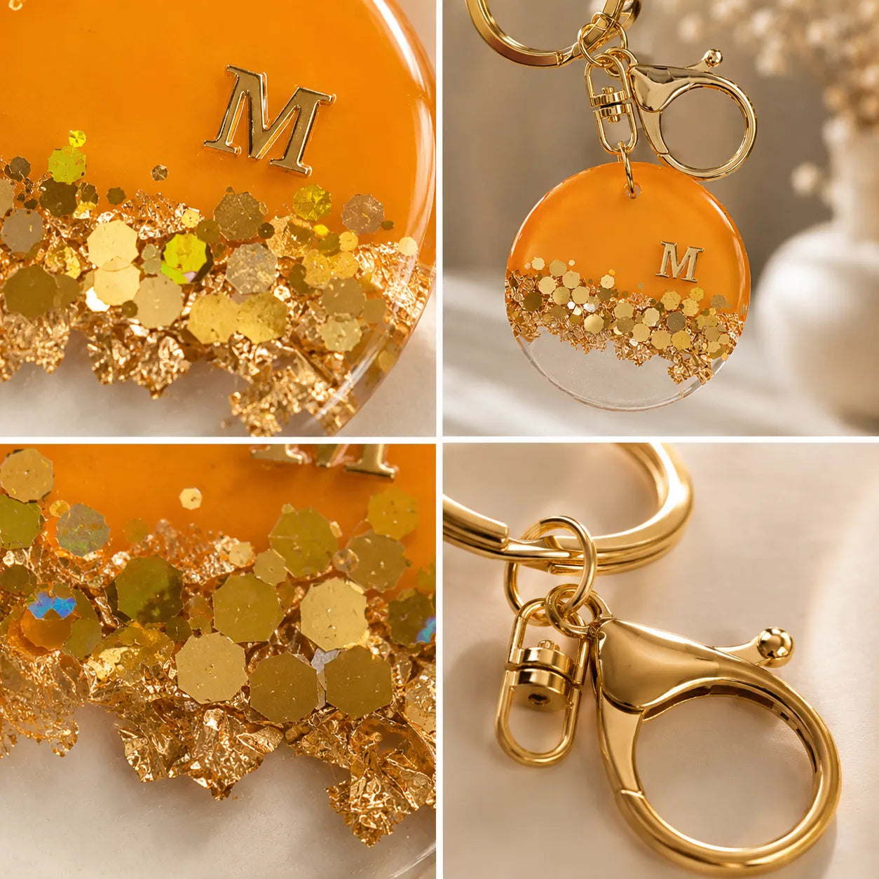 Collage of an orange keychain with gold glitter and letter 'M' on a neutral background