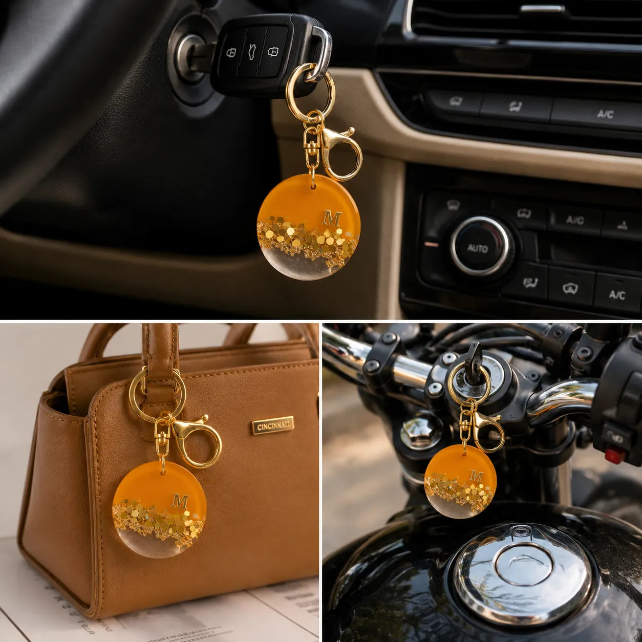 Gold keychain with a round pendant attached to a car key, displayed on a car dashboard, handbag, and motorcycle.