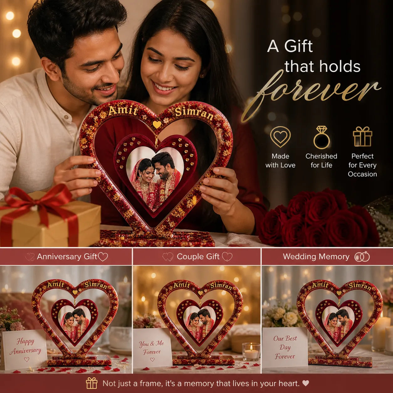 Couple holding a heart-shaped photo frame with romantic text and images.