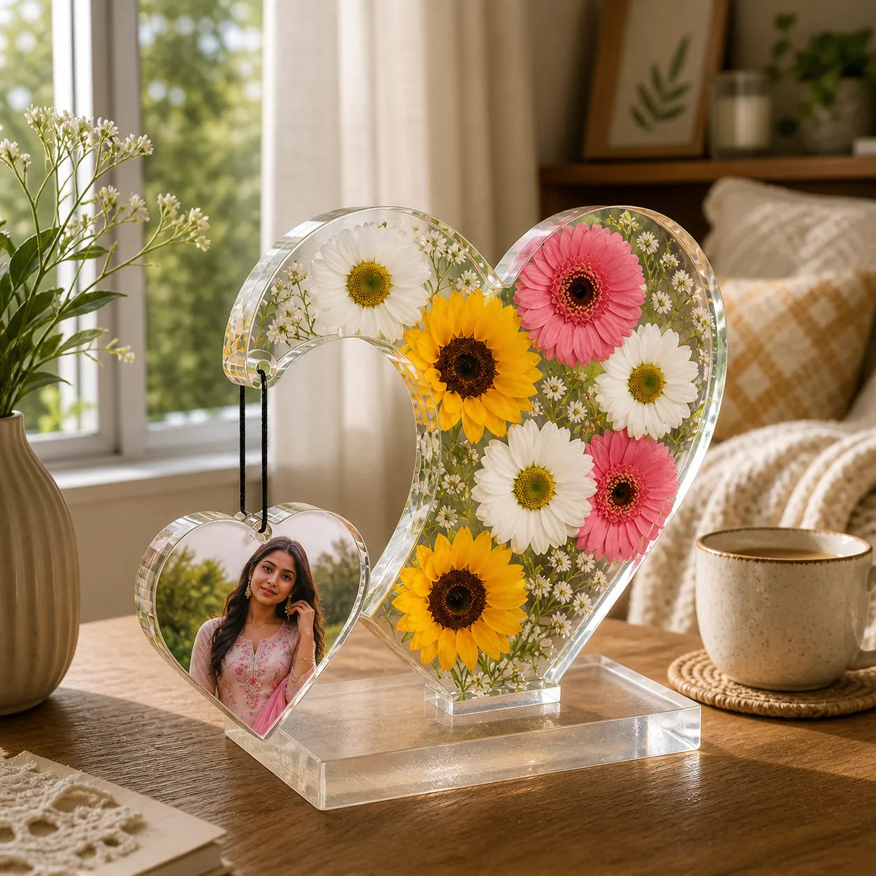 Customized center hanging heart resin photo frame with real pressed flowers and hanging photo, personalized couple gift on table decor