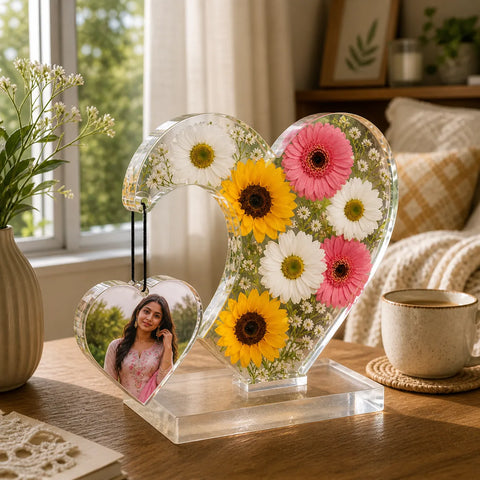Customized center hanging heart resin photo frame with real pressed flowers and hanging photo, personalized couple gift on table decor