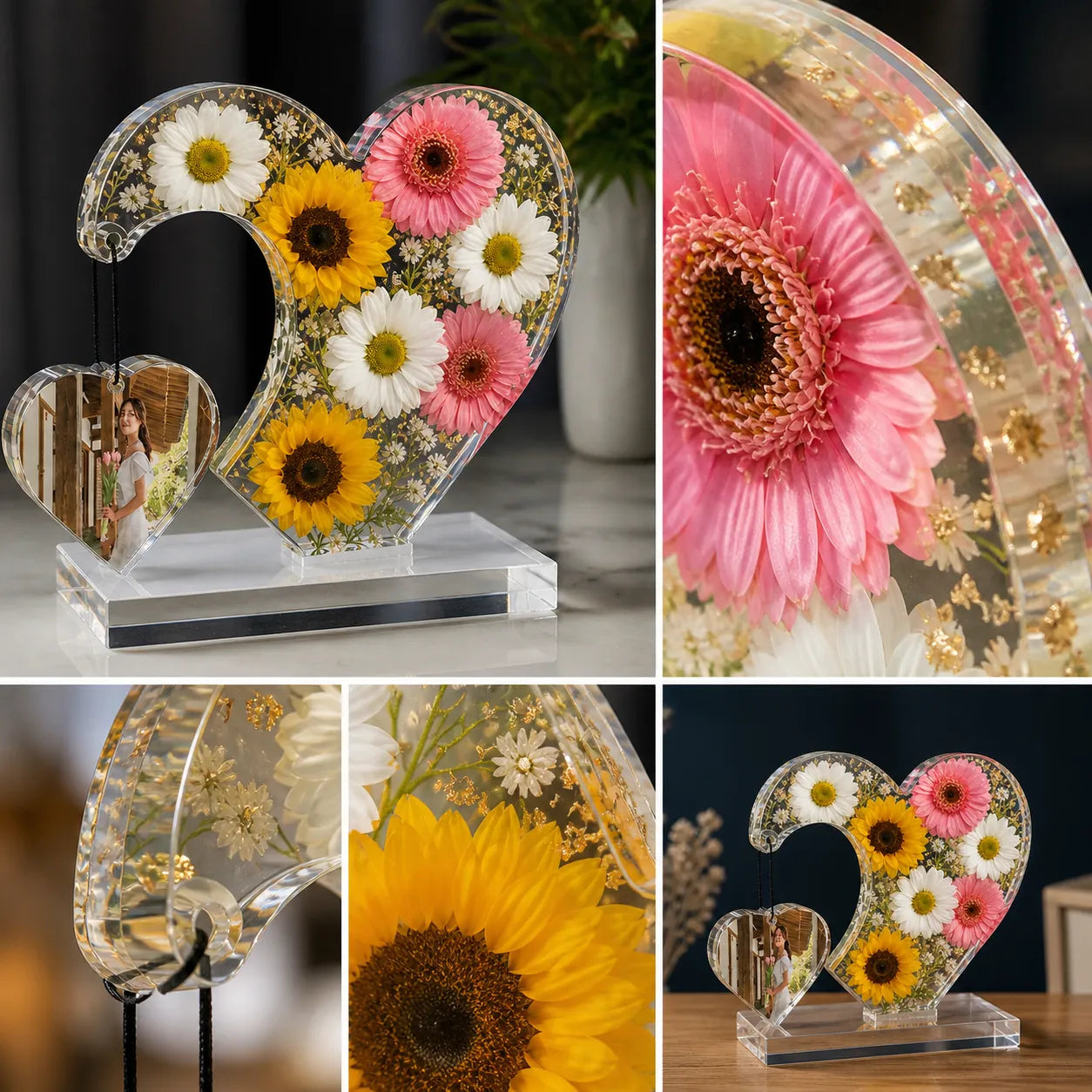 Heart-shaped floral arrangement with numbers, close-up of flowers, and overall product view.