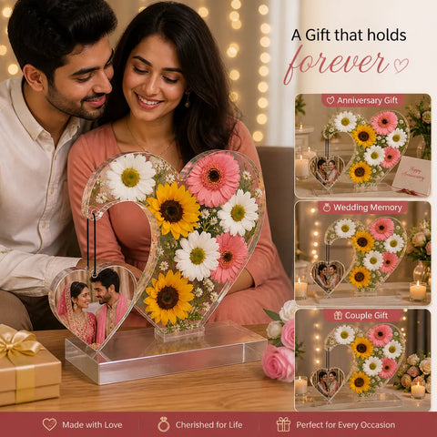 Customized center hanging heart resin photo frame with real pressed flowers and hanging photo, personalized couple gift for anniversary, wedding and special occasions