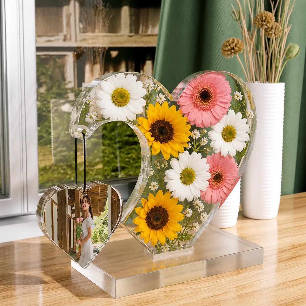 Customized center hanging heart resin photo frame with real pressed flowers and hanging photo, personalized couple gift and home decor