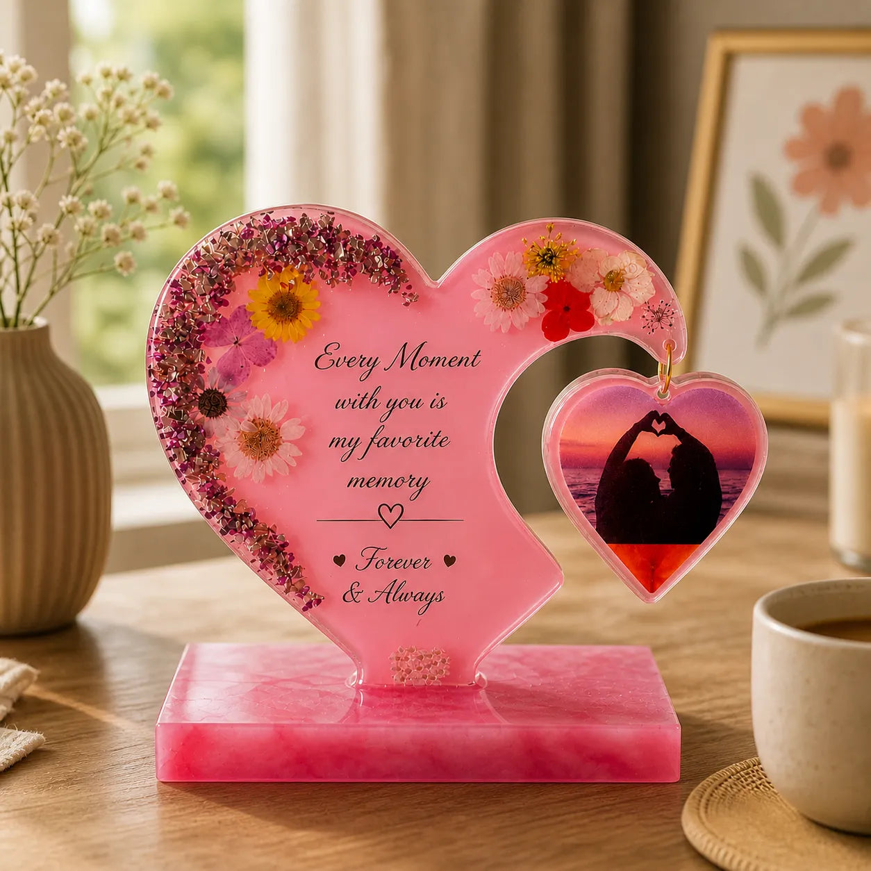 Heart-shaped pink decorative item with floral details and romantic message on a table.
