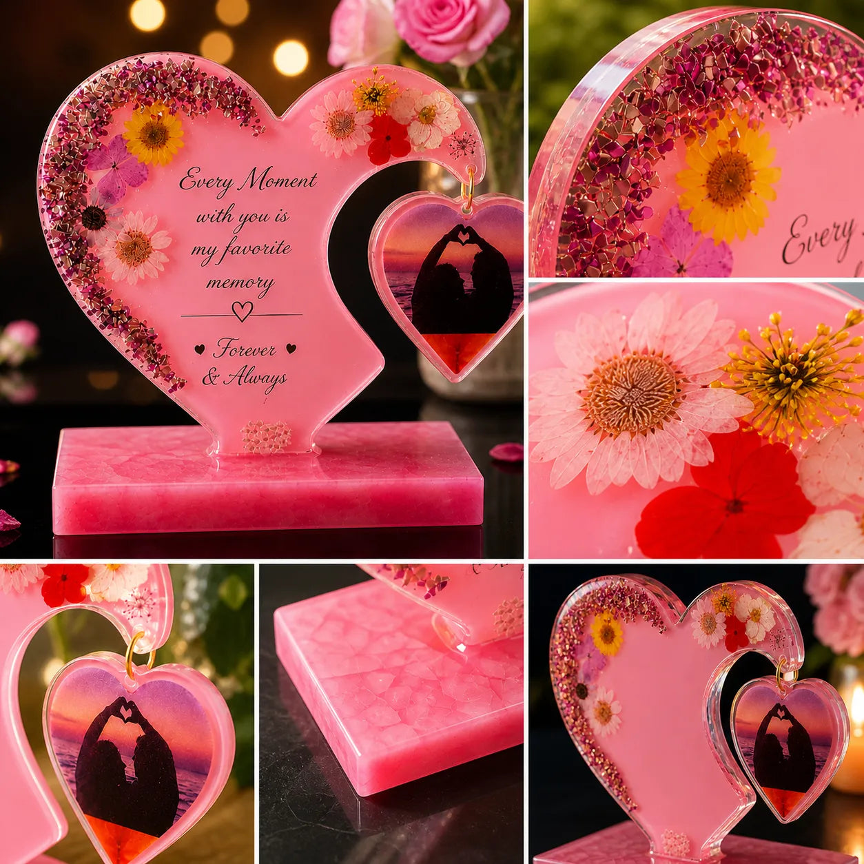 Heart-shaped pink decorative item with floral elements and romantic text, surrounded by close-up shots.