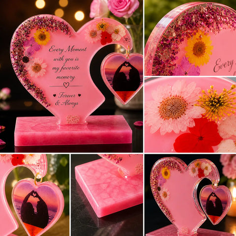 Heart-shaped pink decorative item with floral elements and romantic text, surrounded by close-up shots.