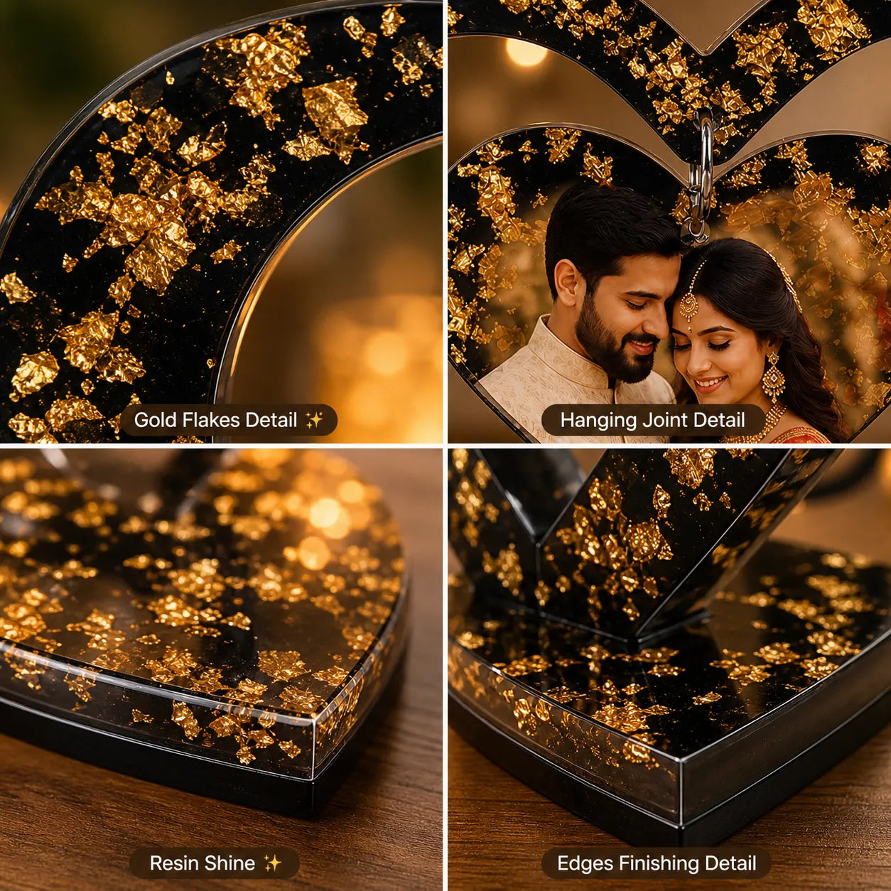 Collage of a decorative item with gold flakes, resin shine, and detailed edges.
