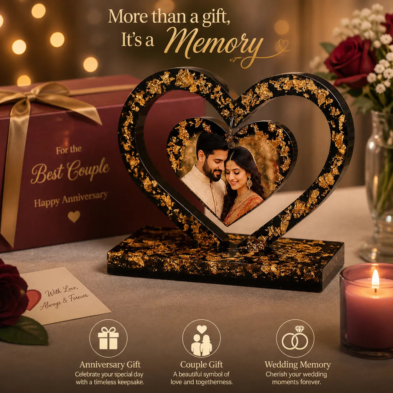 customized centre hanging heart resin photo frame with gold flakes gift for couples anniversary wedding memory decor with gift box