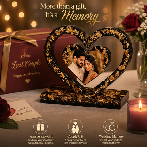 customized centre hanging heart resin photo frame with gold flakes gift for couples anniversary wedding memory decor with gift box