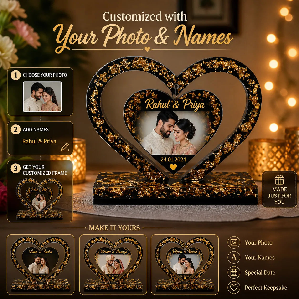 customized centre hanging heart resin photo frame with gold flakes personalized with photo names and date for couples gift