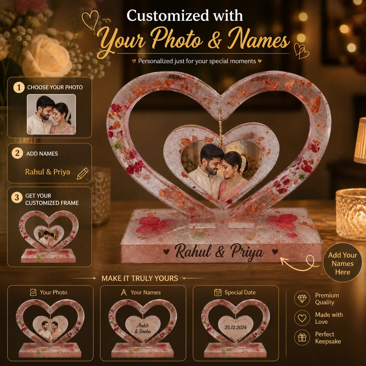 personalized hanging heart resin photo frame with dried flowers customized with photo names and date for couples gift