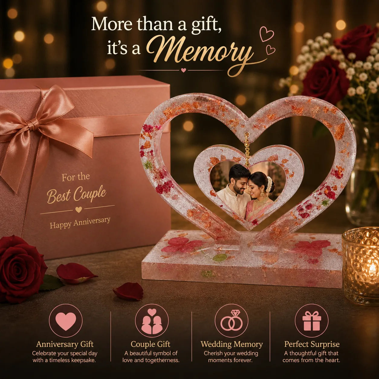 Heart-shaped photo frame with a couple's picture, gift box, and roses on a romantic background.