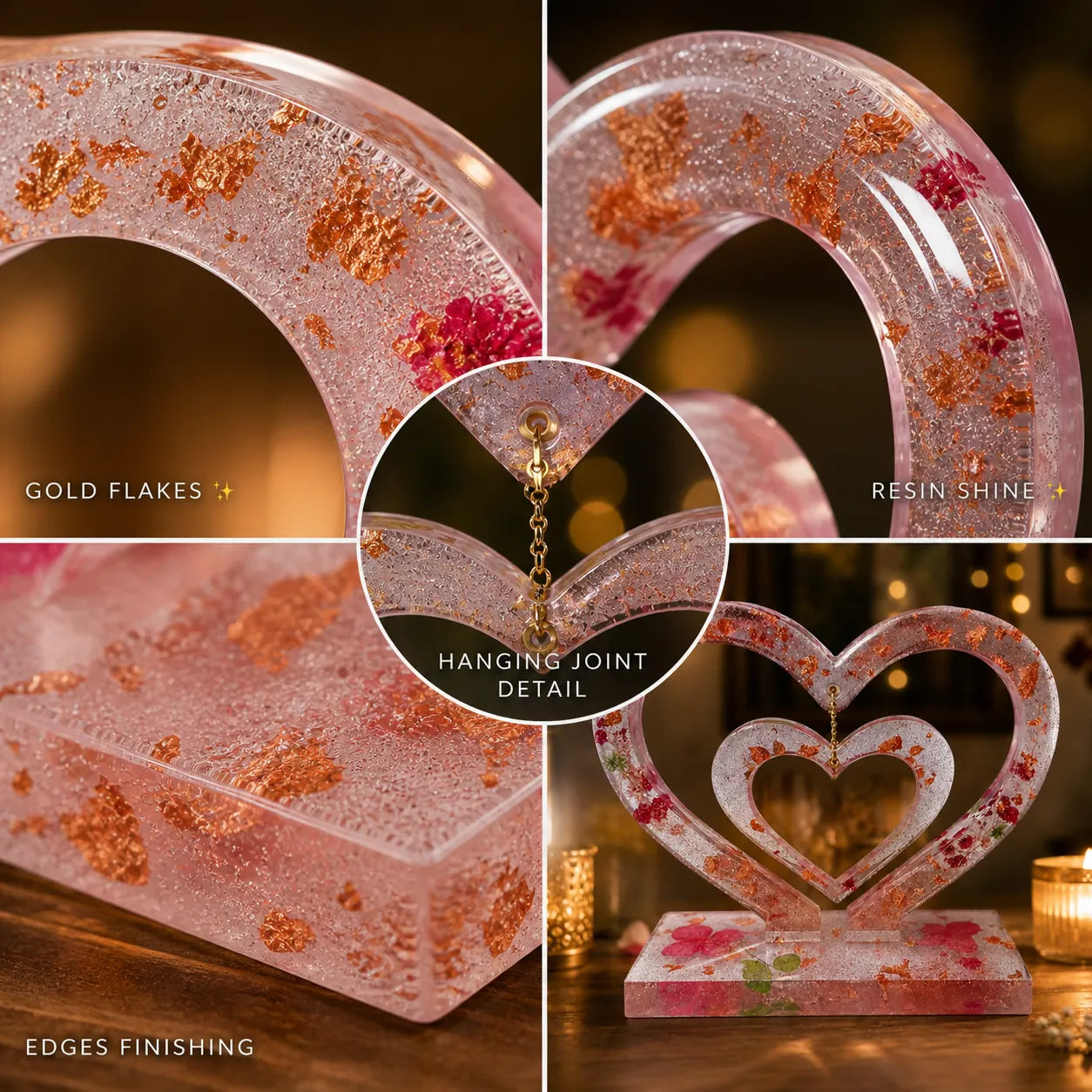 Heart-shaped decorative item with gold flakes, resin shine, and hanging joint detail on a wooden surface.
