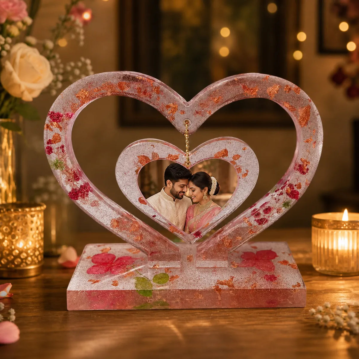personalized hanging heart resin photo frame with dried flowers placed on table romantic couple home decor