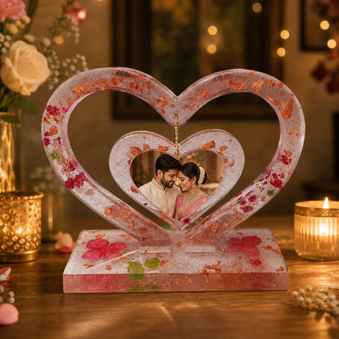 personalized hanging heart resin photo frame with dried flowers placed on table romantic couple home decor