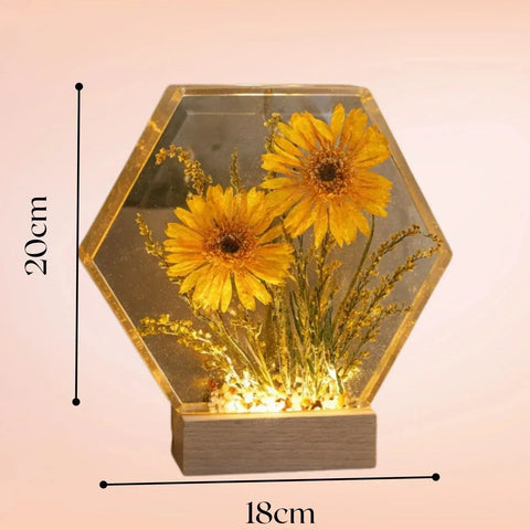 Hexagonal LED night light with yellow flowers and measurements on a pink background