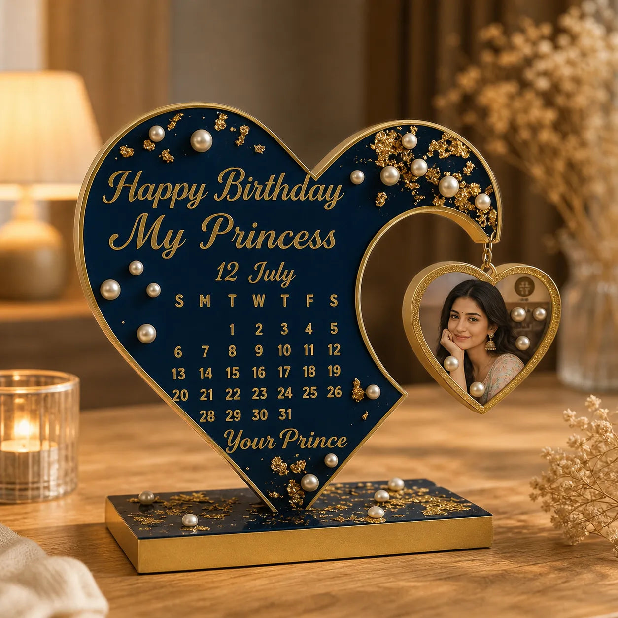 Heart-shaped birthday decoration with calendar and photo frame on a wooden table.
