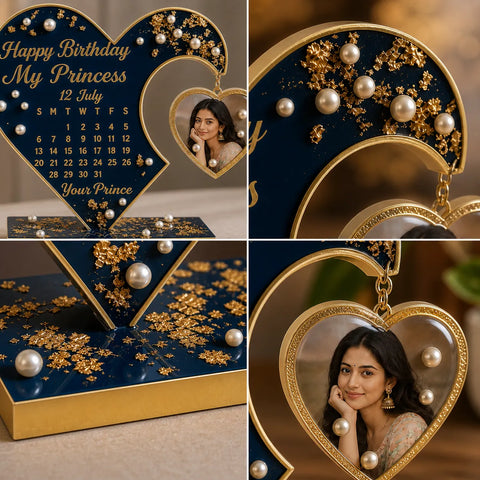 Customized heart resin birthday calendar frame collage showing close-up details of gold flakes, pearls, glossy finish and hanging photo, personalized gift for her