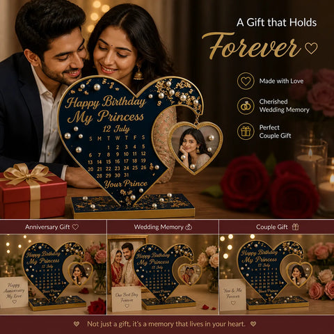 Customized heart resin birthday calendar frame with photo, romantic couple gift for her, anniversary and wedding memory display with premium decor setup