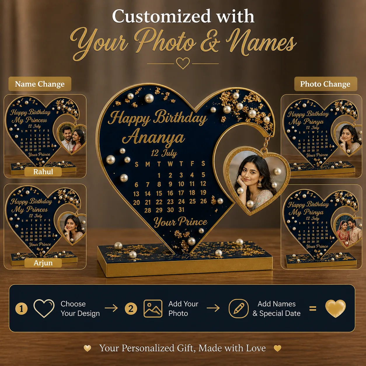 Personalized birthday card with heart design, customizable photo and names on a brown background.