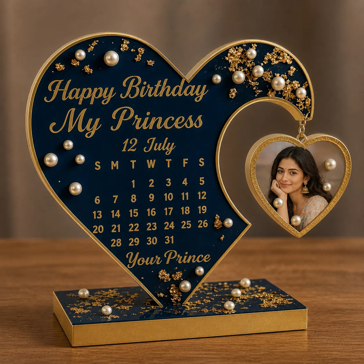 Customized heart resin birthday calendar frame with photo, personalized gift for her with highlighted date and elegant gold detailing