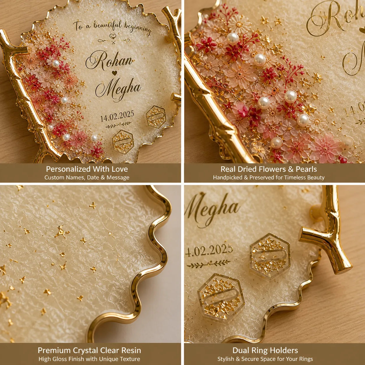 Personalized ring holder with dried flowers, pearls, and engraved text on a beige background.