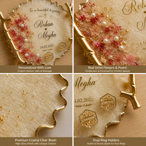 Personalized ring holder with dried flowers, pearls, and engraved text on a beige background.