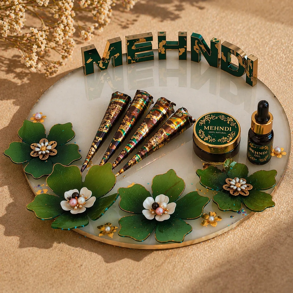 8 inch customized resin mehndi name plate with green floral design holding mehndi cones and oil bottle for wedding ceremony setup