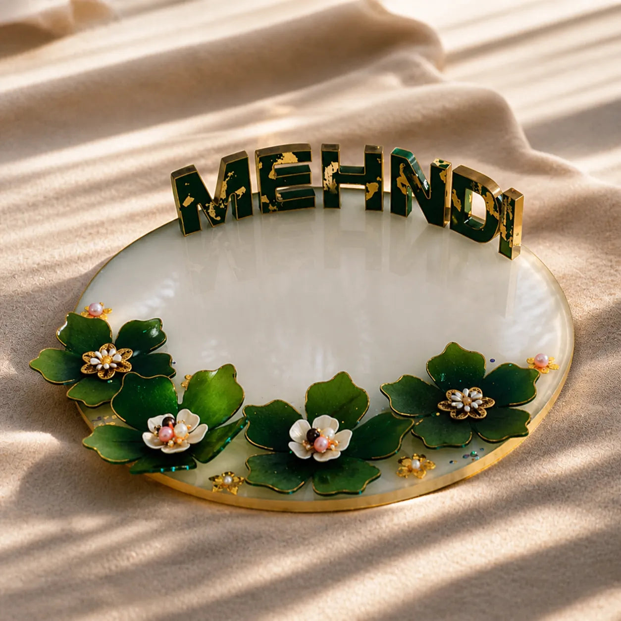 8 inch customized resin mehndi name plate with green floral design and gold detailing on premium beige background