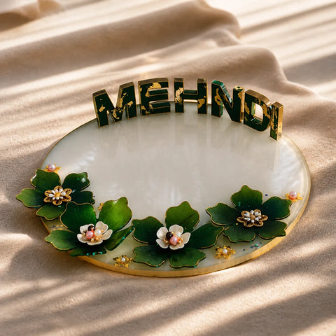 8 inch customized resin mehndi name plate with green floral design and gold detailing on premium beige background