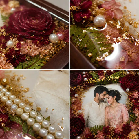 customized resin wedding photo frame close-up showing red floral detailing gold flakes pearl border and full pour finish