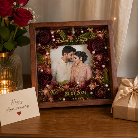 customized resin wedding photo frame anniversary gift setup with red floral design pearl border and full pour finish
