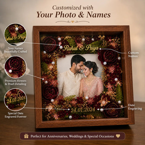 Customized photo frame with floral design and couple's name 'Rahul & Priya'.