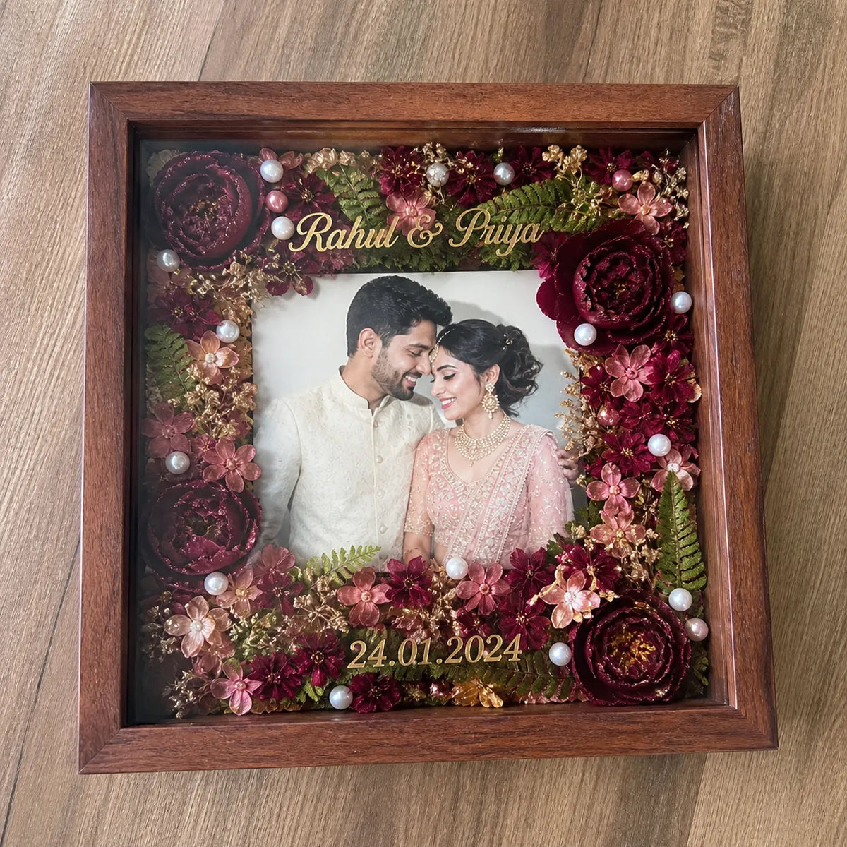 customized resin wedding photo frame varmala preservation full pour 50mm thick with red floral design and pearl detailing couple keepsake
