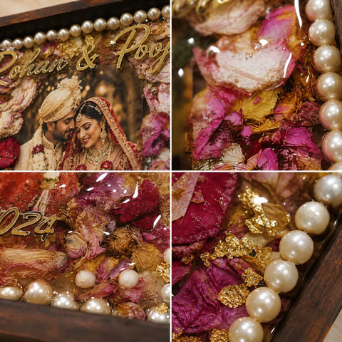 customized resin wedding photo frame close-up showing floral detailing gold flakes pearl border and acrylic finish