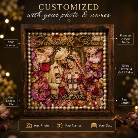 customized resin wedding photo frame with name date floral design pearl border half pour 25mm thick personalized keepsake